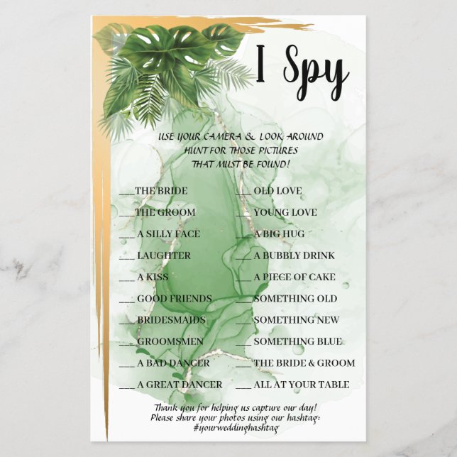 Tropical Palm I Spy Wedding Reception Game Card Flyer (Front)