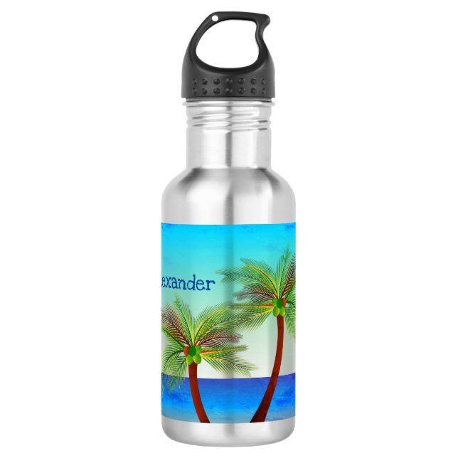 Tropical Palm Island Sunset Stainless Steel Water Bottle (Front)