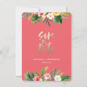 Tropical palm leaf and floral gold script save the date
