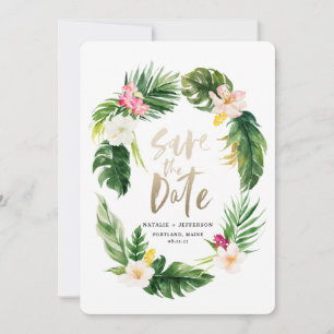 Tropical palm leaf and floral gold script save the date