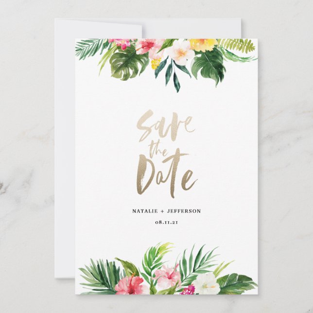 Tropical palm leaf and floral gold script save the date (Front)