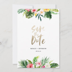 Tropical palm leaf and floral gold script save the date