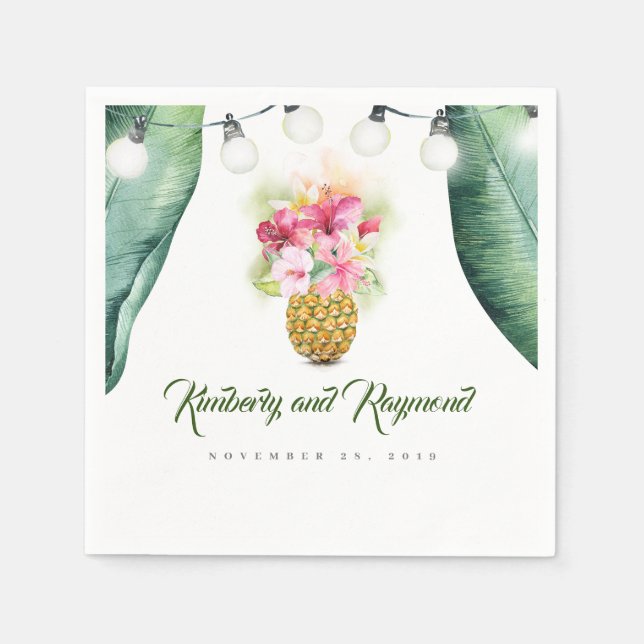 Tropical Palm Leaf and Floral Pineapple Vase Beach Napkins (Front)