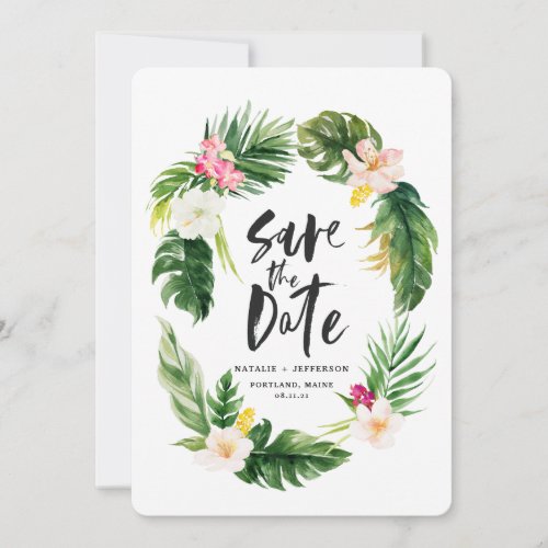 Tropical palm leaf and floral watercolor foliage save the date