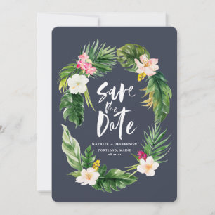 Tropical palm leaf and floral watercolor foliage save the date