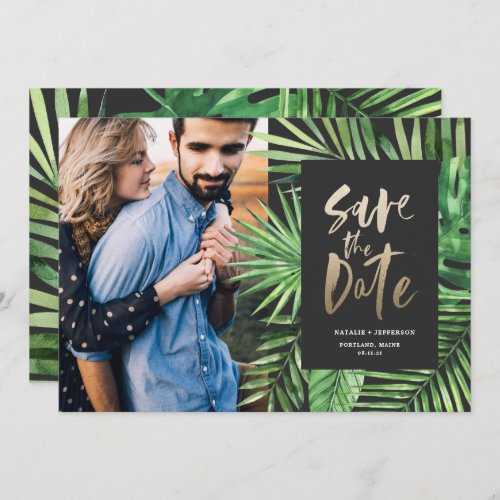 Tropical palm leaf and gold script foliage photo save the date