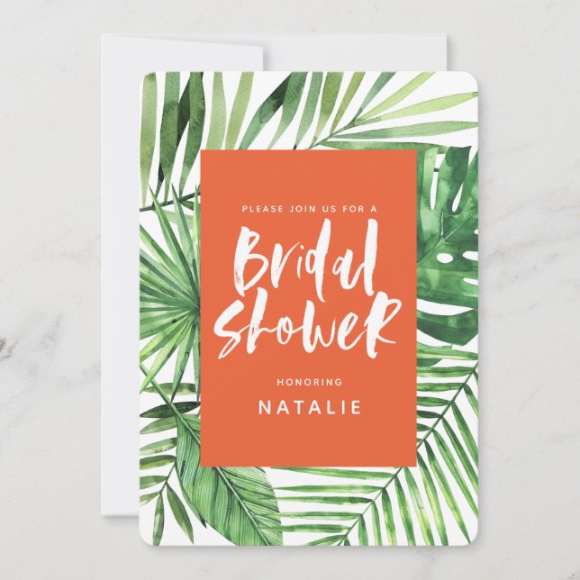 Tropical palm leaf and script bridal shower invite (Front)
