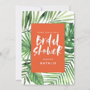 Tropical palm leaf and script bridal shower invite