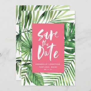 Tropical palm leaf and script watercolor pink save the date