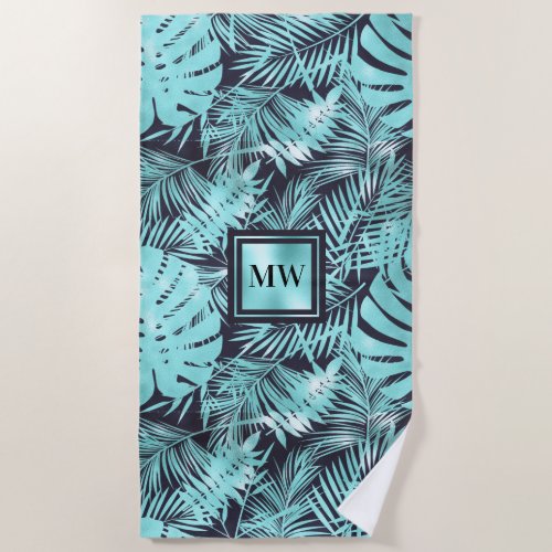 Tropical palm leaf aqua navy blue monogram island beach towel