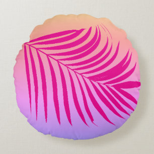 Tropical Palm Leaf Art Hot Pink Orange Girly Gift Round Pillow