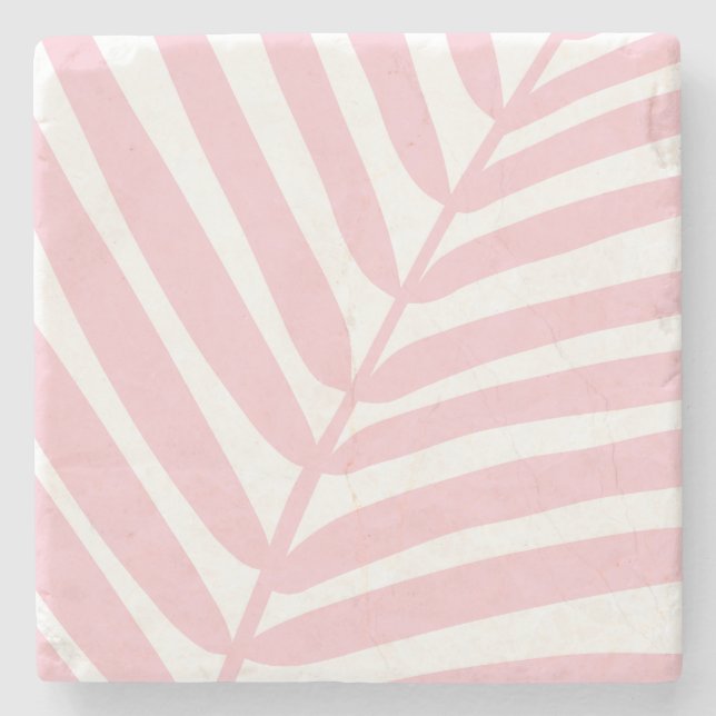 Tropical Palm Leaf Baby Pink Stone Coaster (Front)