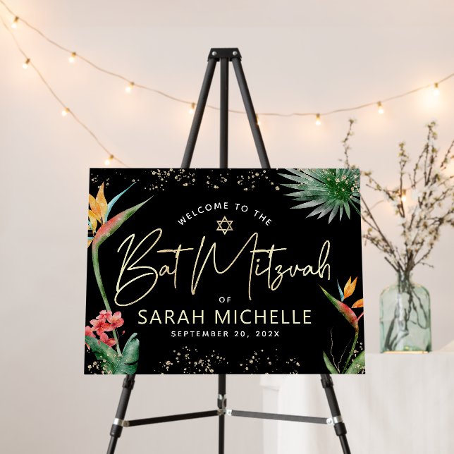 Tropical Palm Leaf Bat Mitzvah Black Gold Welcome Foam Board (In Situ (Stand))