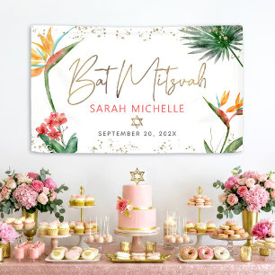 Tropical Palm Leaf Bat Mitzvah Gold Script Welcome Banner