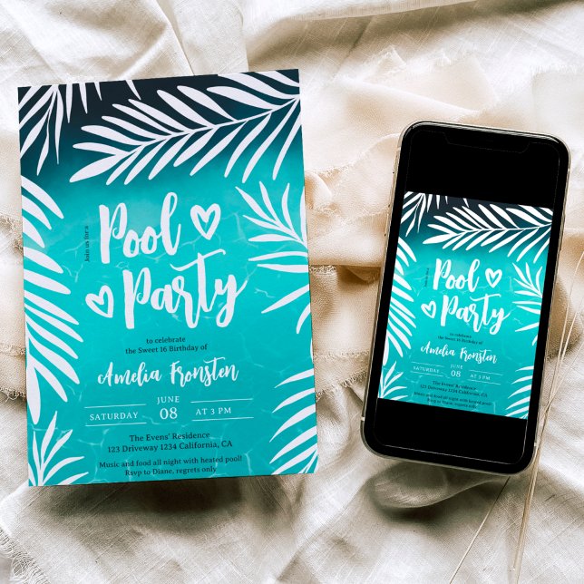 Tropical palm leaf blue pool party Sweet 16 Invitation (Creator Uploaded)