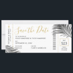 Tropical Palm Leaf Boarding Pass Save Date B W Announcement<br><div class="desc">Tropical palm tree leaves (fronds) on a simple, modern, and minimal design boarding pass plane ticket save the date card perfect for a beach wedding or tropical island destination wedding with a chic retro-modern black and white with gold color theme aesthetic. All text can be personalized, as well as the...</div>