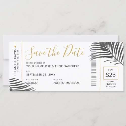 Tropical Palm Leaf Boarding Pass Save Date BW Announcement