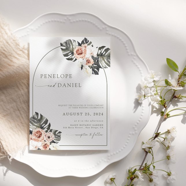 Tropical Palm Leaf  Boho Wedding Floral  Invitation (Creator Uploaded)