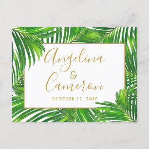 Tropical Palm Leaf Border Green Gold Save the Date Announcement Postcard