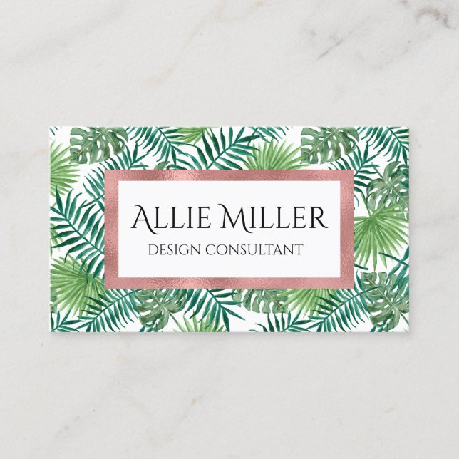 Tropical Palm Leaf Botanical Faux Rose Gold Business Card (Front)