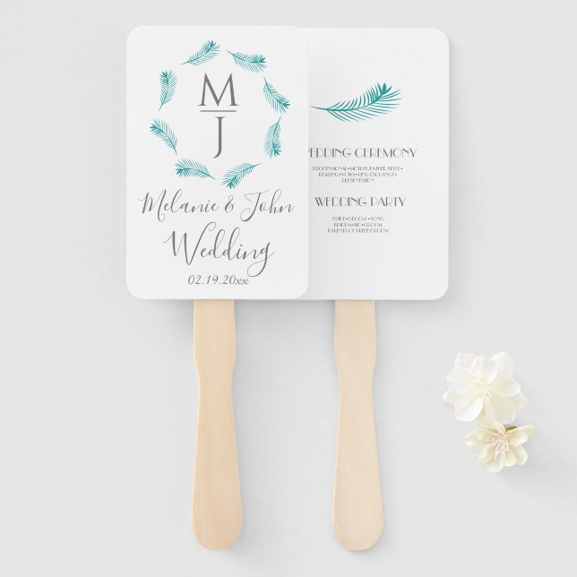 Tropical Palm Leaf Circular Logo Wedding Program Hand Fan (Front and Back)
