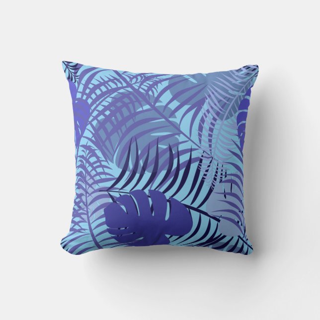 Tropical Palm Leaf Classic Blue Beach House Throw Pillow (Front)