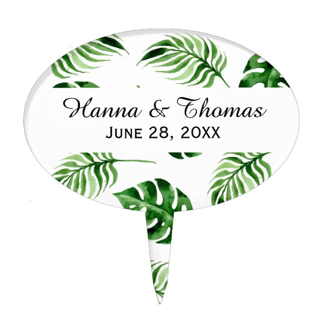 Tropical Palm Leaf Destination Wedding Cake Topper (Front)