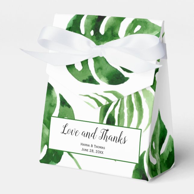 Tropical Palm Leaf Destination Wedding Thank You Favor Boxes (Front Side)