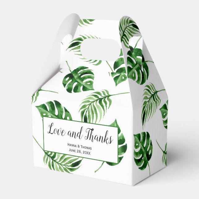 Tropical Palm Leaf Destination Wedding Thank You Favor Boxes (Front Side)