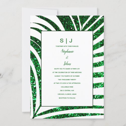  Tropical Palm Leaf Emerald Green Glitter Wedding Invitation