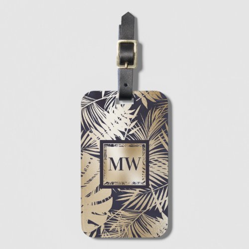 Tropical palm leaf faux gold navy monogram island luggage tag