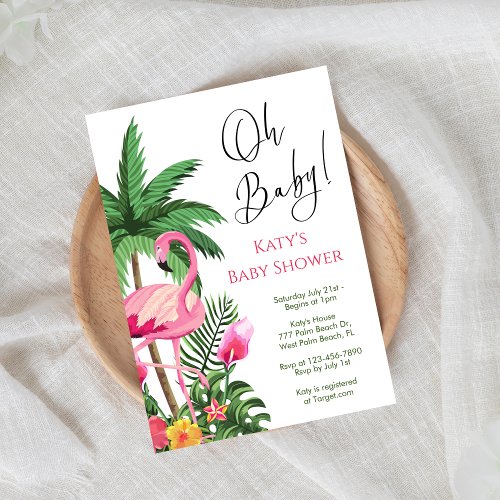 Tropical Palm Leaf Flamingo Baby Shower Invitation