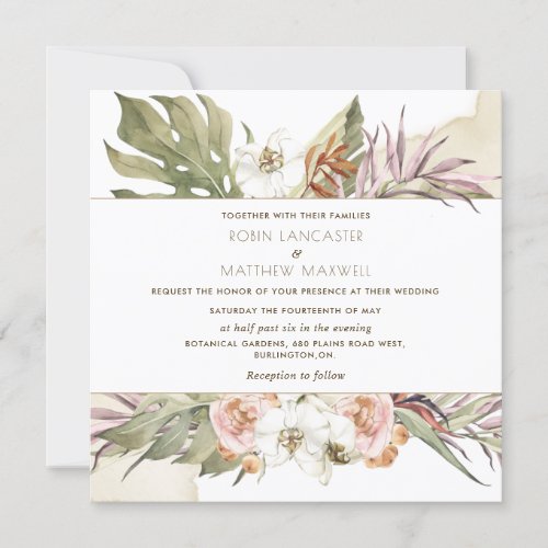 Tropical Palm Leaf Floral Cream Square Wedding Invitation