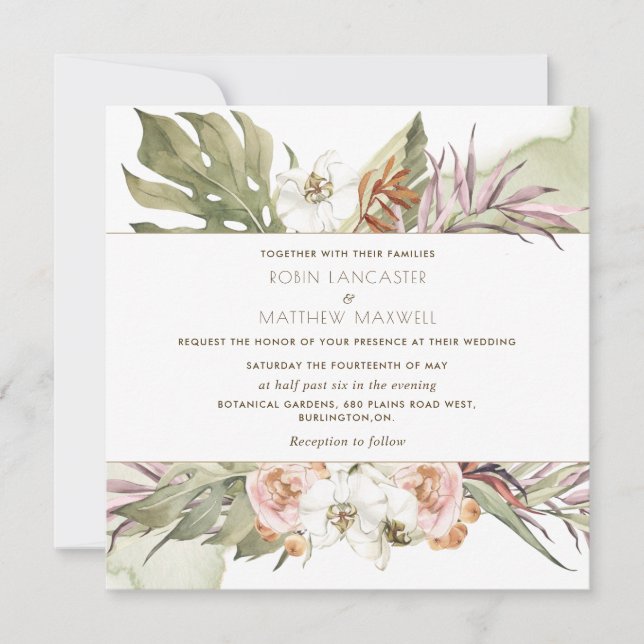 Tropical Palm Leaf Floral Green Square Wedding Invitation (Front)