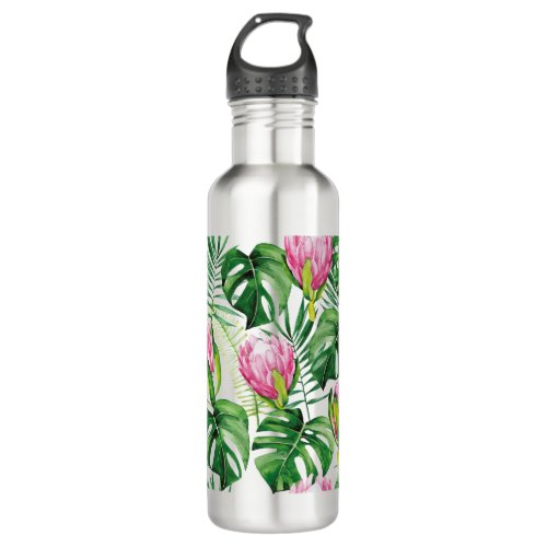 Tropical Palm Leaf Flower Pattern Stainless Steel Water Bottle