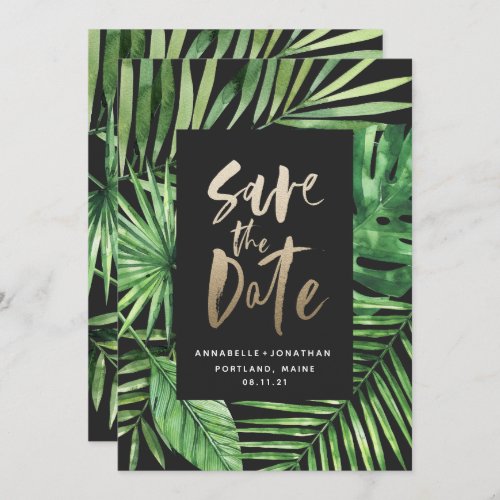 Tropical palm leaf foliage and gold script save the date