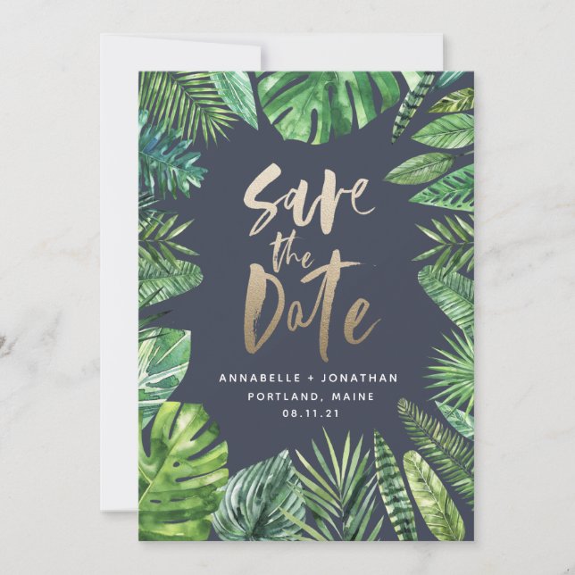 Tropical palm leaf foliage and gold script save the date (Front)