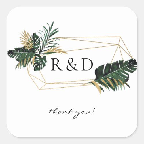 Tropical Palm Leaf Gold 2 Monogram _  Square Sticker