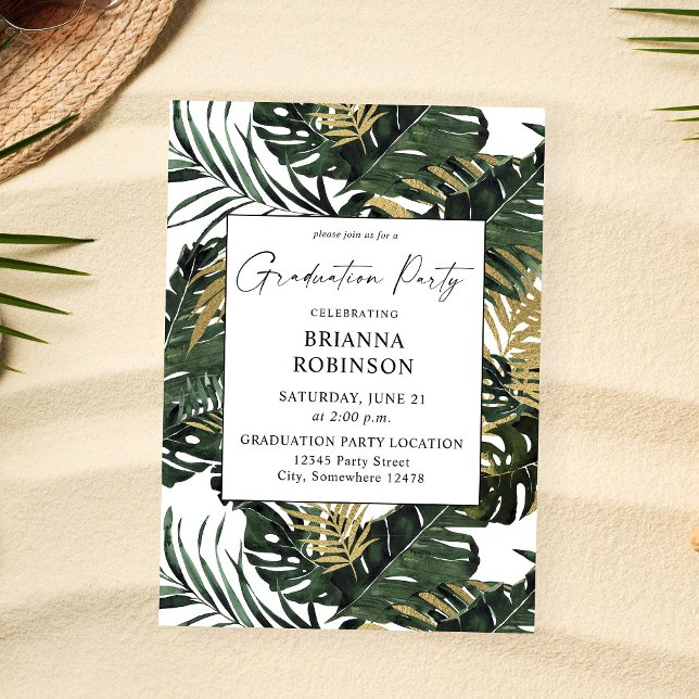 Tropical Palm Leaf & Gold Graduation Party Invitation (Creator Uploaded)