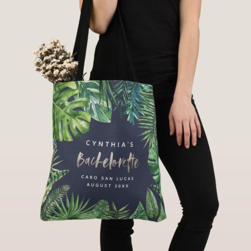 Tropical palm leaf  gold script bachelorette tote bag