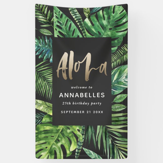 Tropical palm leaf gold script black aloha birthda banner (Vertical)