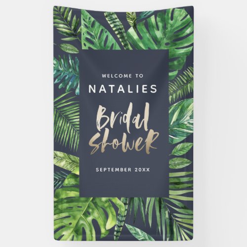 Tropical palm leaf  gold script bridal shower banner