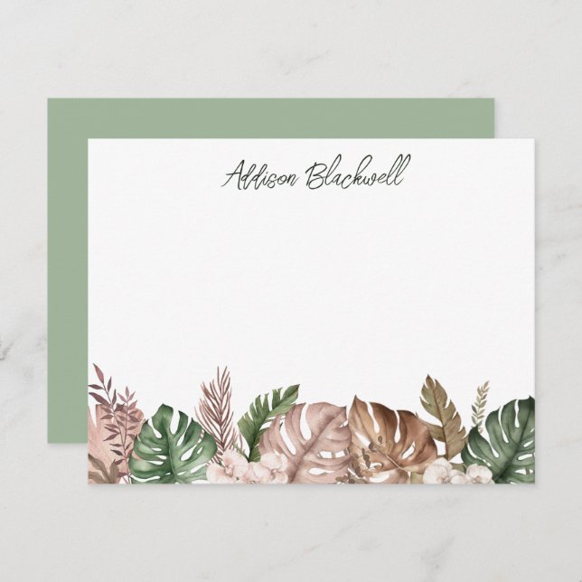 Tropical Palm Leaf Green Blush Pink Note Card (Front/Back)