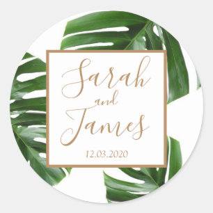 Tropical Palm Leaf green rose gold wedding sticker