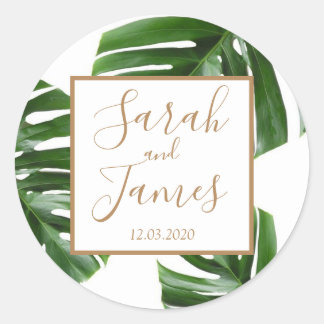 Tropical Palm Leaf green rose gold wedding sticker