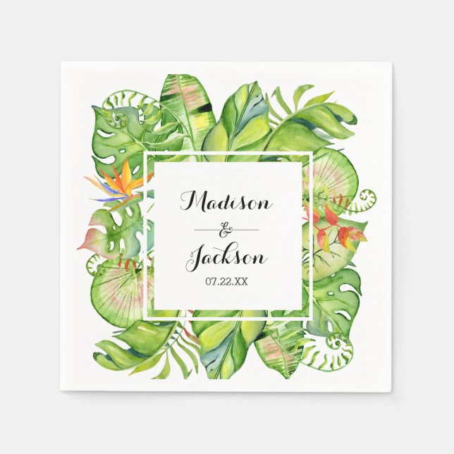 Tropical Palm Leaf Island Wreath Monogram Wedding Napkins (Front)