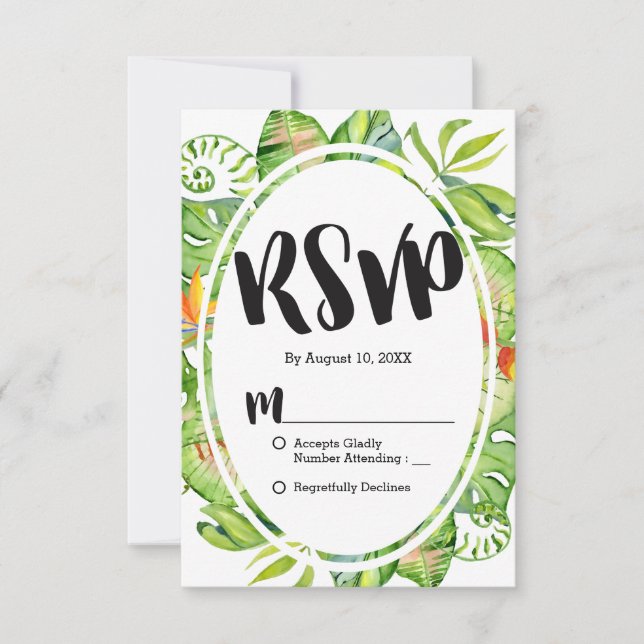 Tropical Palm Leaf Island Wreath Wedding RSVP Card (Front)