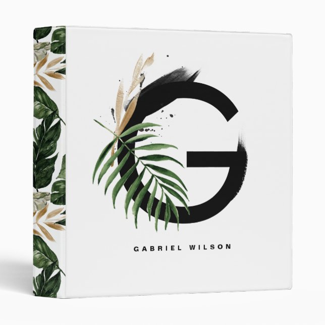Tropical Palm Leaf Letter G Monogram Personalized 3 Ring Binder (Front/Spine)