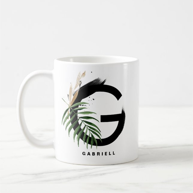 Tropical Palm Leaf Letter G Monogram Personalized Coffee Mug (Left)