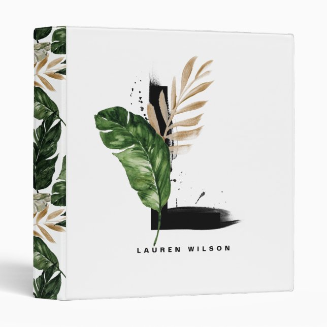 Tropical Palm Leaf Letter L Monogram Personalized 3 Ring Binder (Front/Spine)